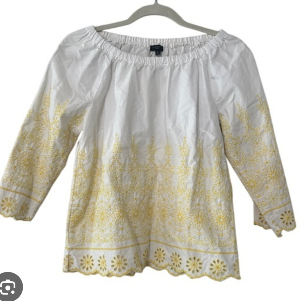 Talbots White and Yellow Embroidered Off-Shoulder Blouse